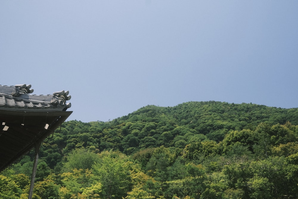 a view of a mountain with a building in the foreground