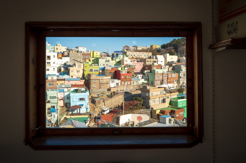 a view of a city through a window