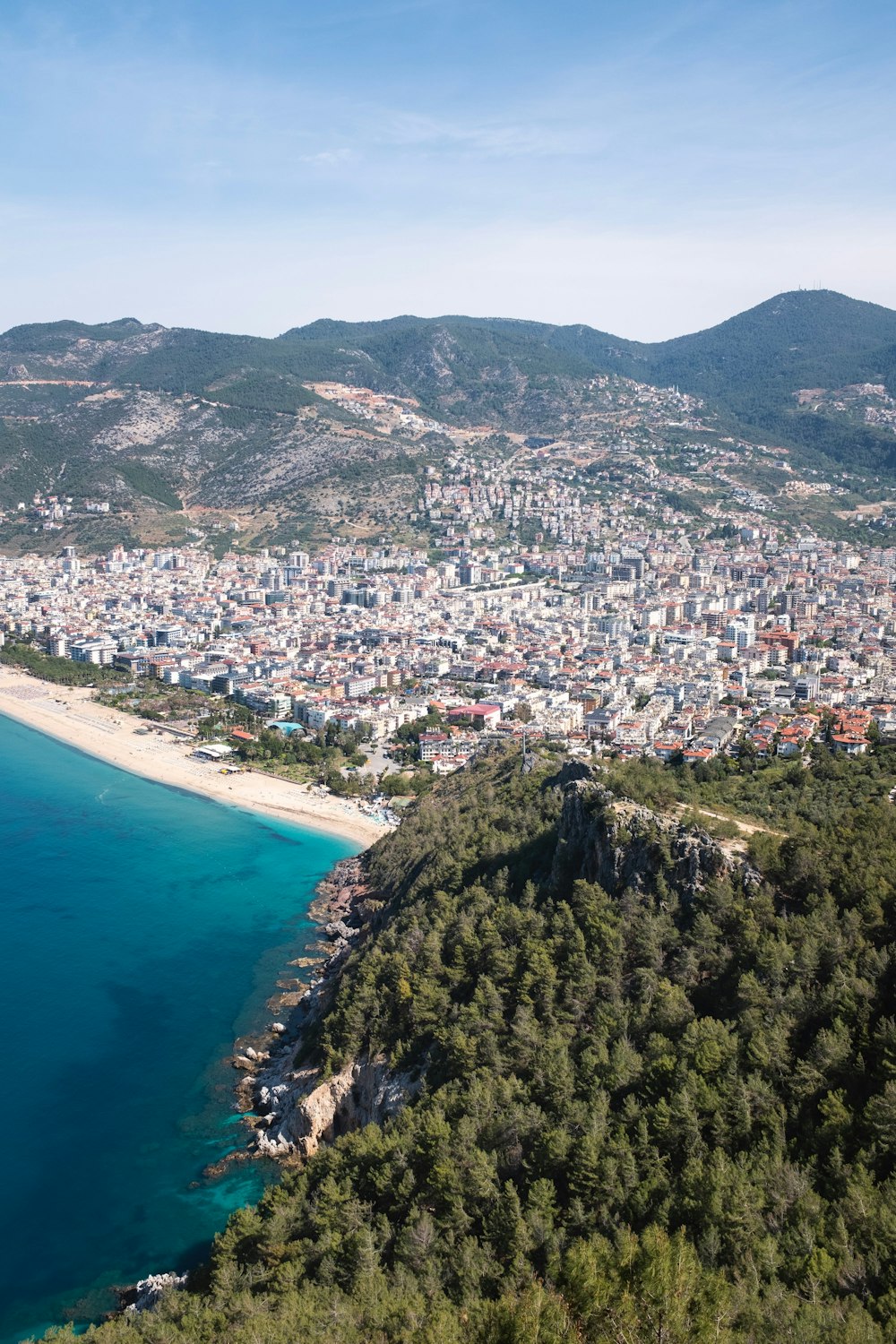 an aerial view of a beach and a city