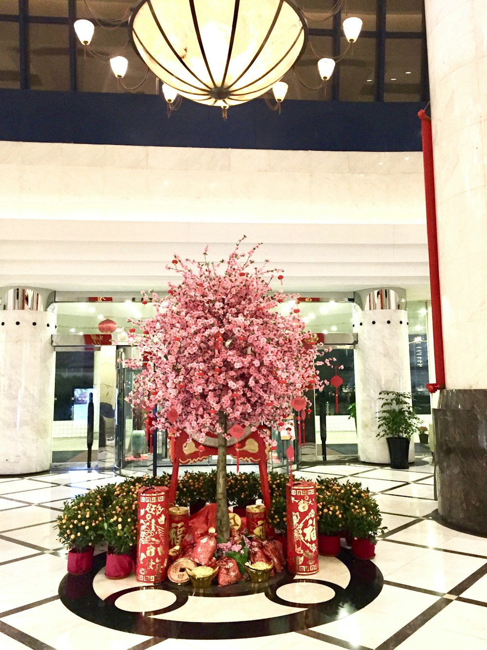 a christmas display in the lobby of a hotel