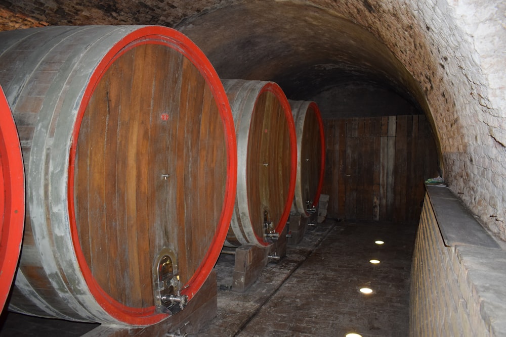 several wine barrels lined up in a cellar
