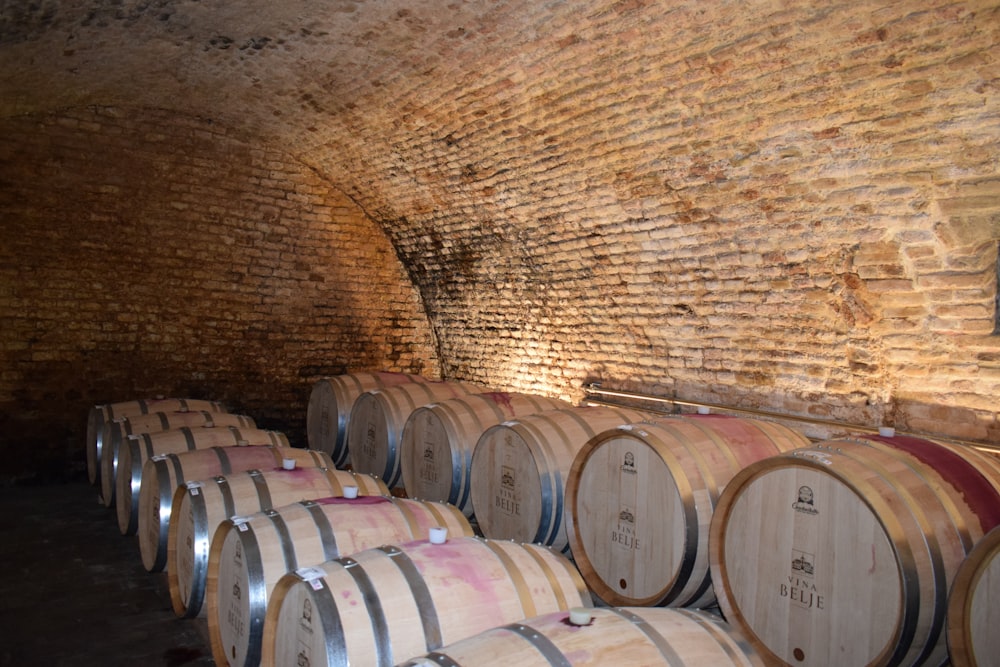 a bunch of wine barrels are lined up in a cellar