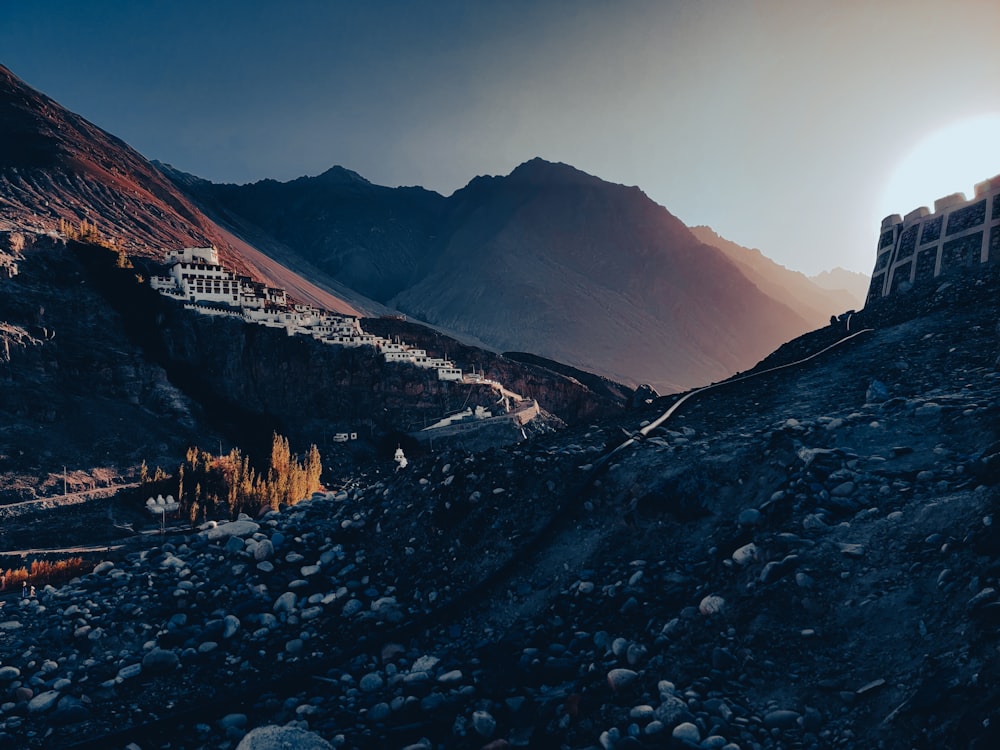 a view of a mountain with a building on top of it