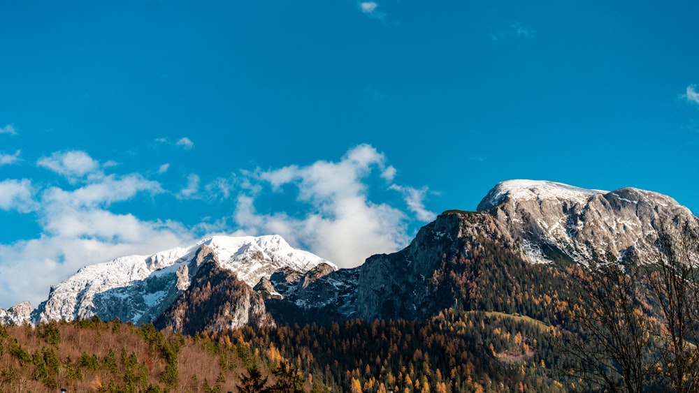 a mountain range with trees and clouds in the background