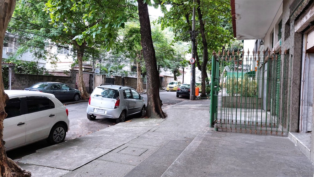 cars parked on the side of a street next to trees