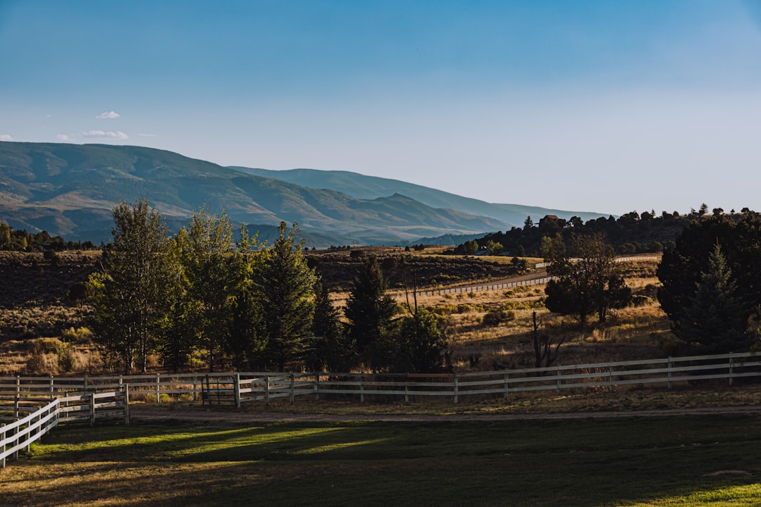 a white fence in a field with mountains in the background,