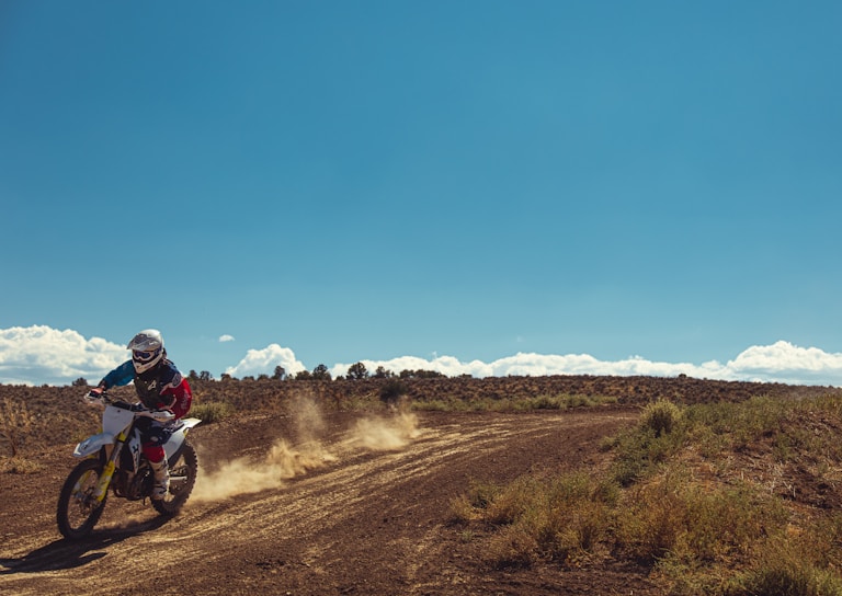 A quad bike speeding along a rugged mountain trail with pine trees and blue sky in the background.