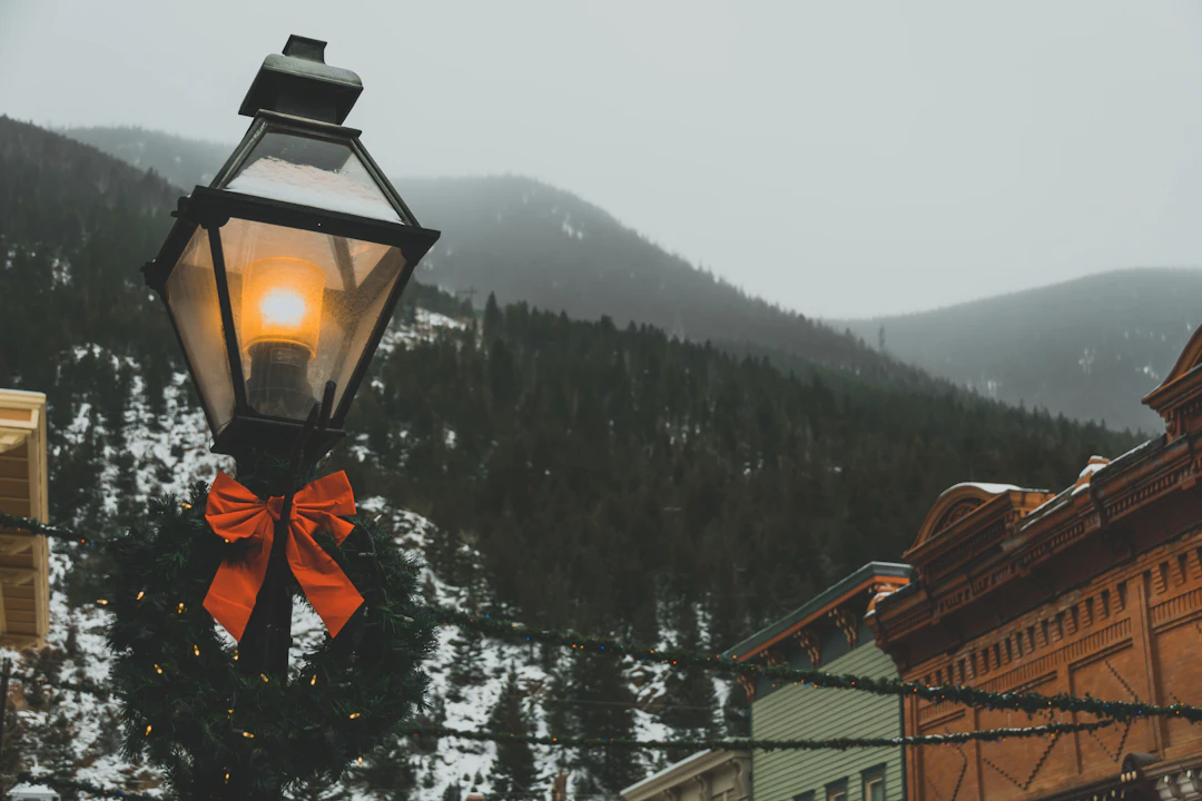 Small town holiday lights on a winter street