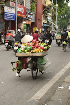 Refrigerated truck transporting fresh food through a northern Vietnam cityscape.