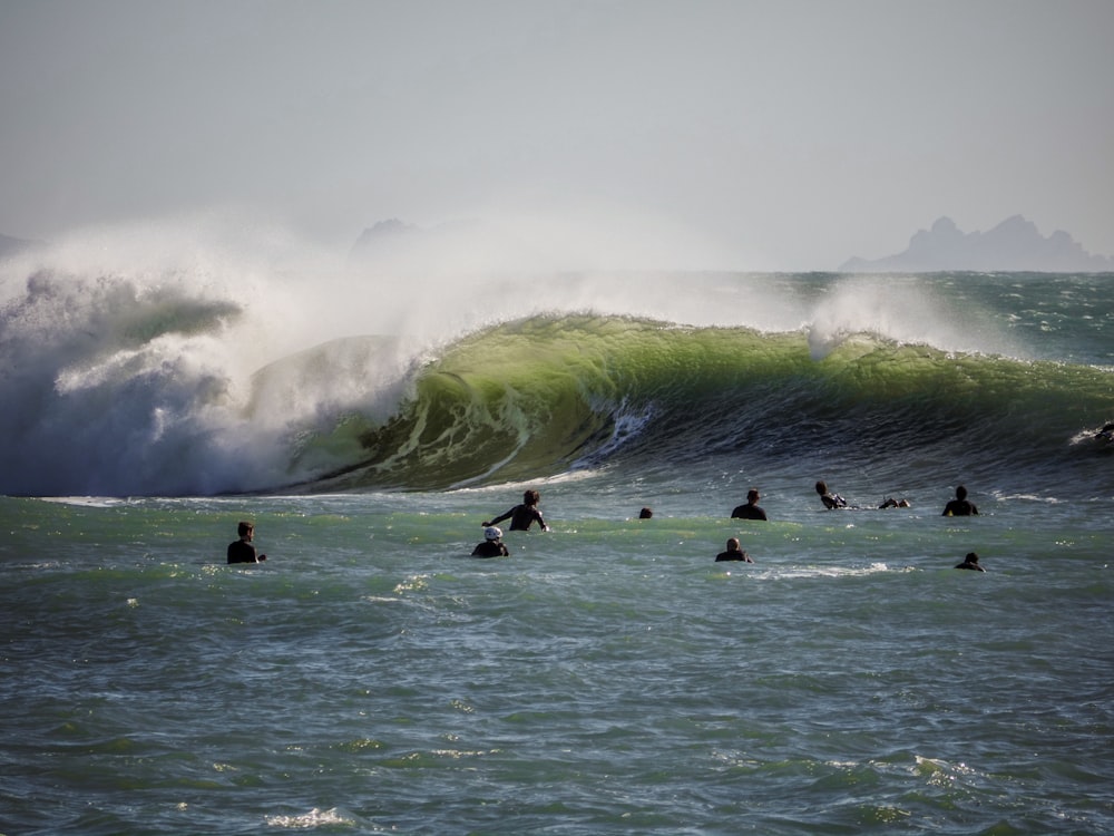 a group of people riding surfboards on top of a wave