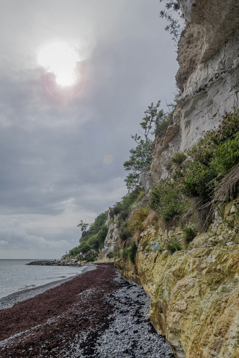 a rocky beach with a large cliff in the background