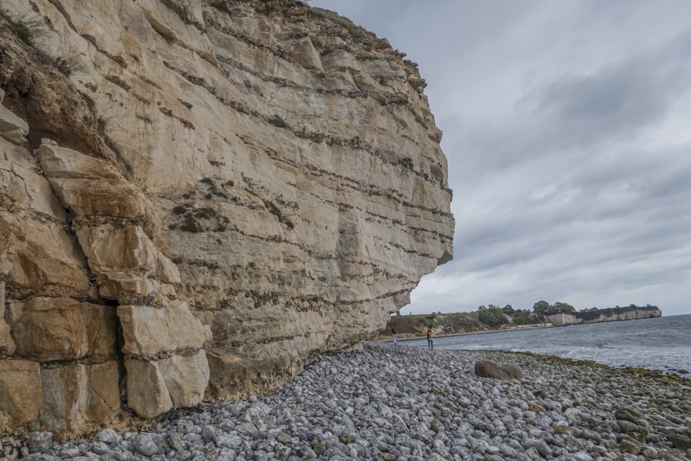 a person standing on a rocky beach next to a cliff