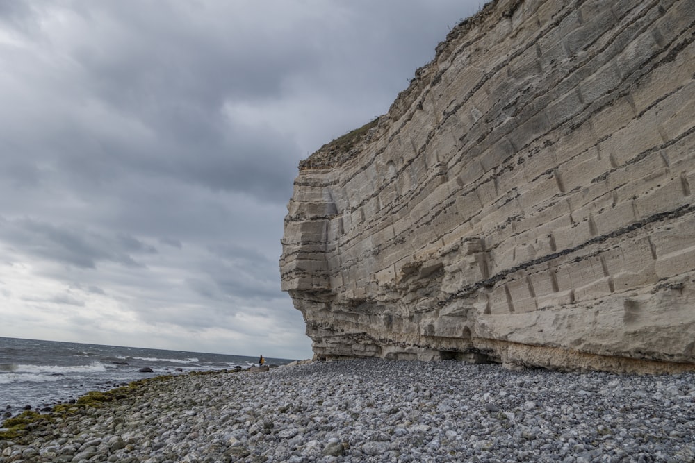 a rocky beach next to the ocean under a cloudy sky