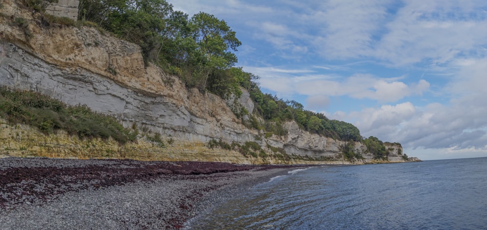 a rocky shore line with a cliff in the background