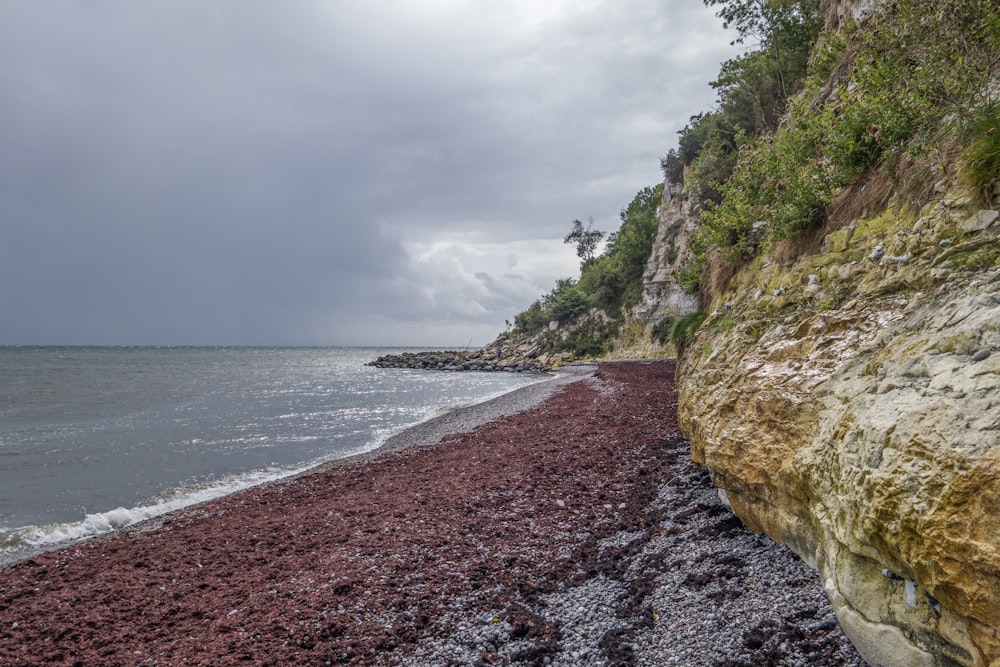 a rocky beach next to the ocean under a cloudy sky