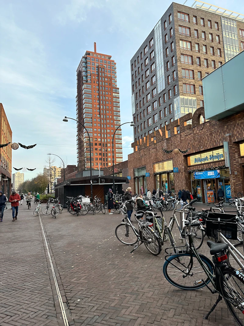 Bicycles parked along a street in Enschede, Netherlands