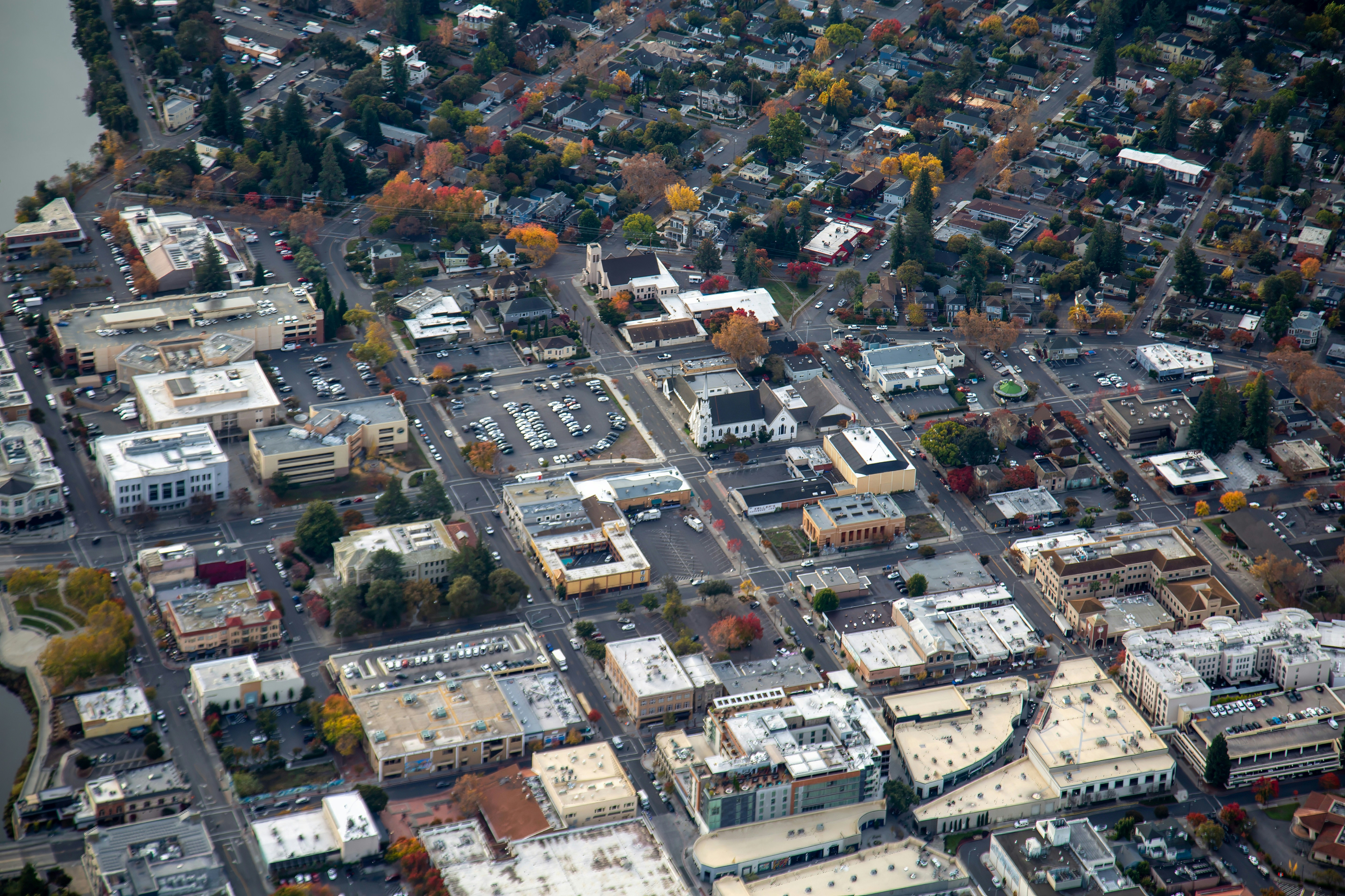 an aerial view of a city with lots of buildings
