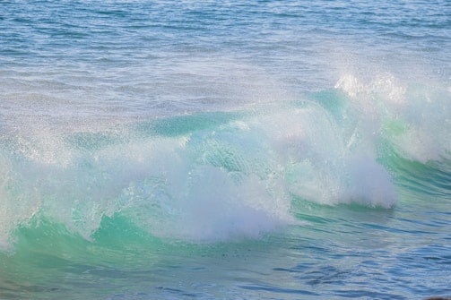 A vibrant ocean wave gently crashes, displaying shades of blue and green with frothy white foam. The water appears clear and dynamic, capturing the fluidity and motion of the sea.