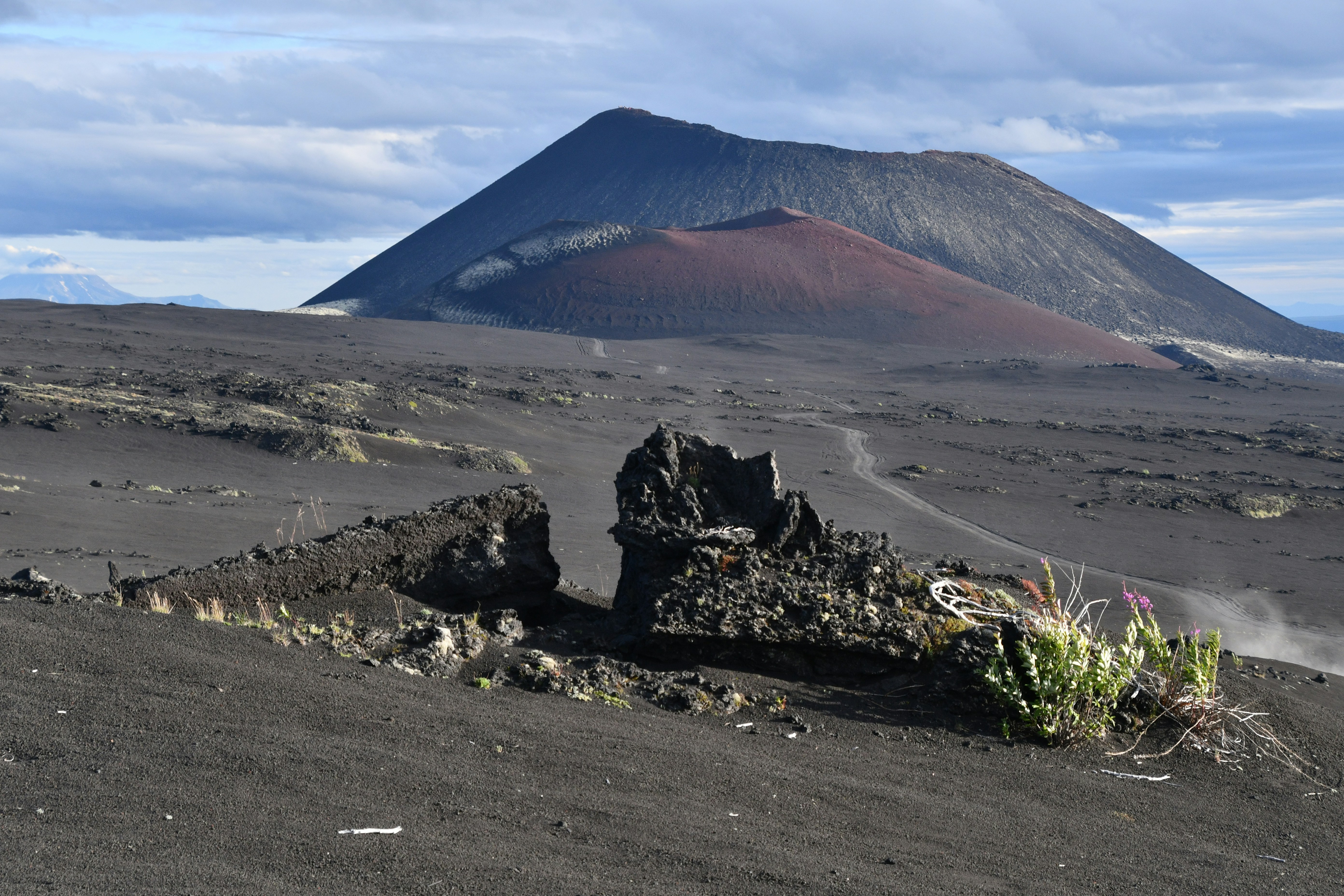 a dirt field with a mountain in the background