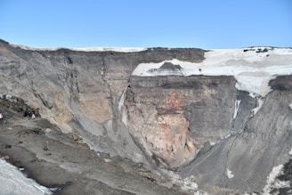 A large, rocky volcanic crater with steep cliffs. Snow and ice cover parts of the rim, contrasting with the dark rock layers. The terrain is rugged, with visible rock stratification and crevices. The sky is clear and blue, providing a backdrop to the expansive geological formation.