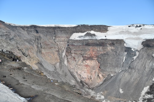 A large, rocky volcanic crater with steep cliffs. Snow and ice cover parts of the rim, contrasting with the dark rock layers. The terrain is rugged, with visible rock stratification and crevices. The sky is clear and blue, providing a backdrop to the expansive geological formation.