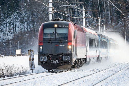 A modern train is traveling through a snowy landscape, surrounded by dense, snow-covered trees. The train has a dark red and black engine with visible branding and several carriages trailing behind. Snow is being displaced alongside the tracks as the train moves swiftly through the winter scenery.