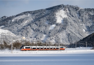 a train traveling through a snow covered countryside