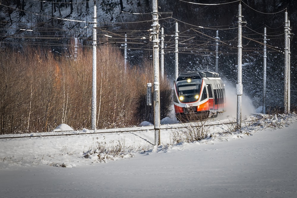 a train traveling through a snow covered countryside