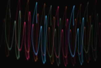 Abstract AI-generated music visuals with pulsating curves and dynamic light effects.