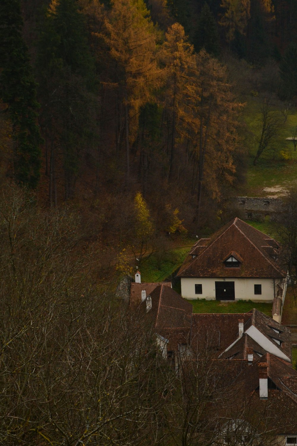 an aerial view of a house in the woods