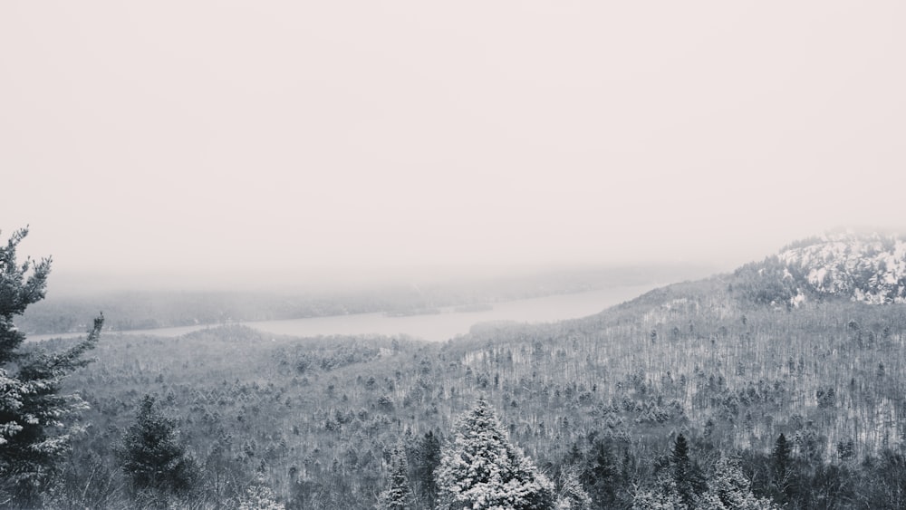 Une montagne enneigée avec un lac au loin