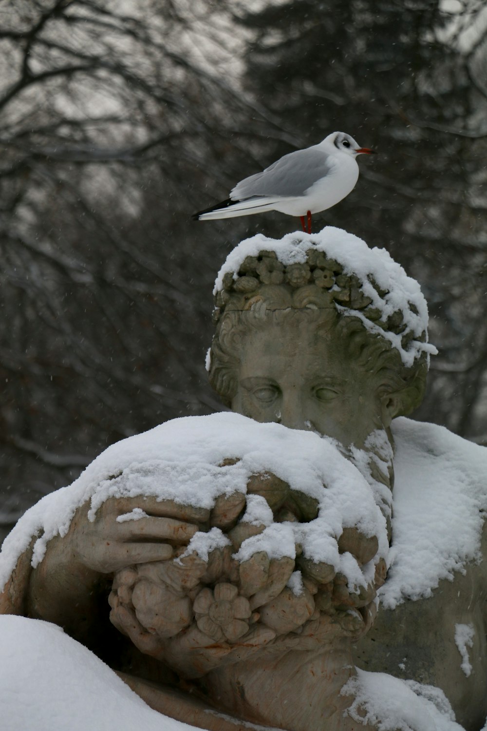 a bird is perched on top of a statue