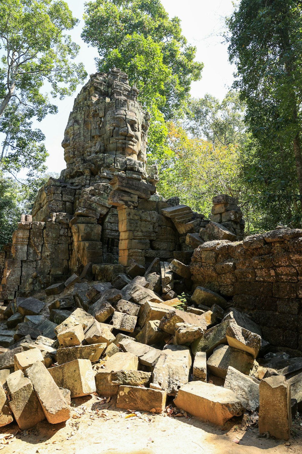 a large pile of rocks sitting in the middle of a forest