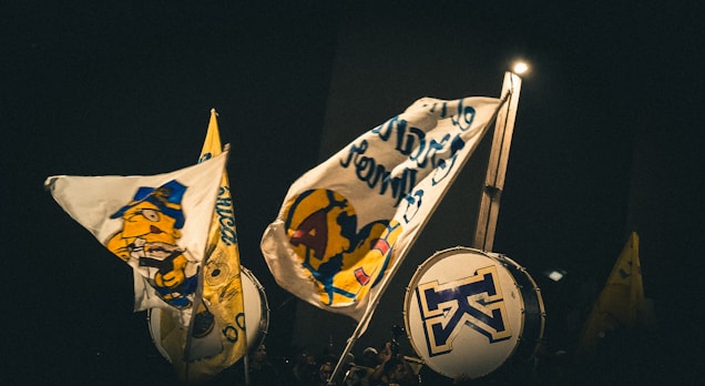 Various flags and banners wave in the air, featuring colorful designs including cartoon characters and symbols. A large drum with a blue emblem is prominently displayed under dim lighting.
