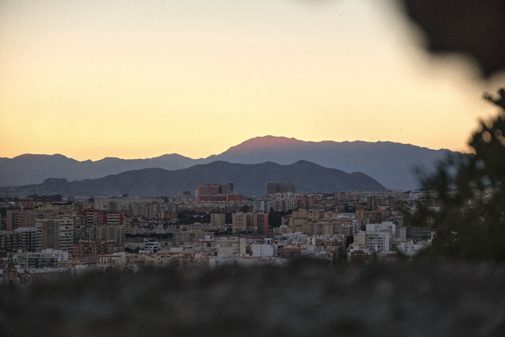 a view of a city with mountains in the background