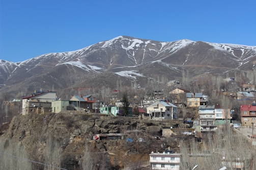 A cozy mountain village with traditional houses and snowy peaks