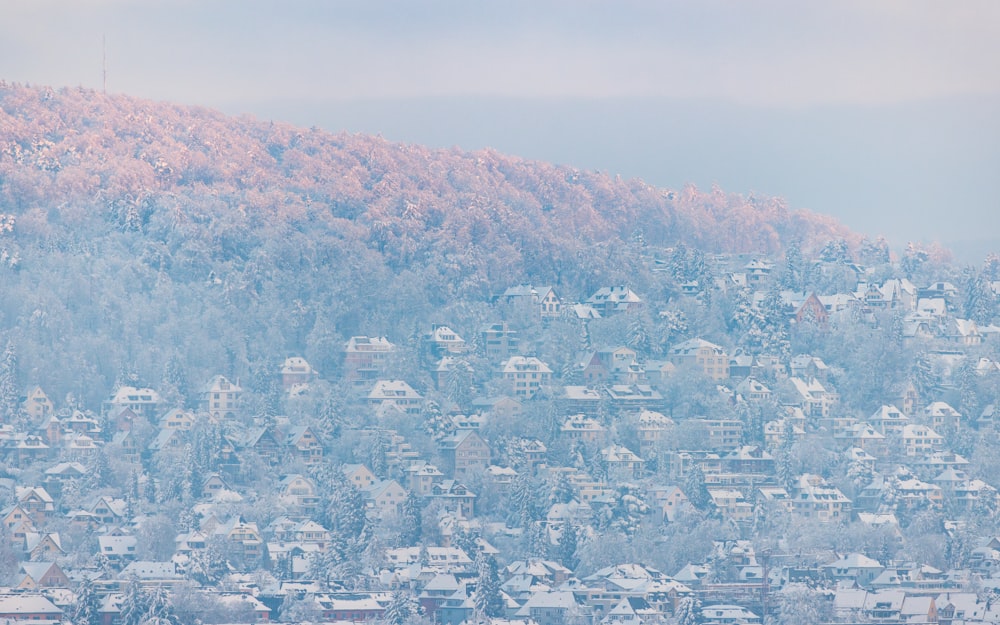 a snow covered mountain with houses in the foreground