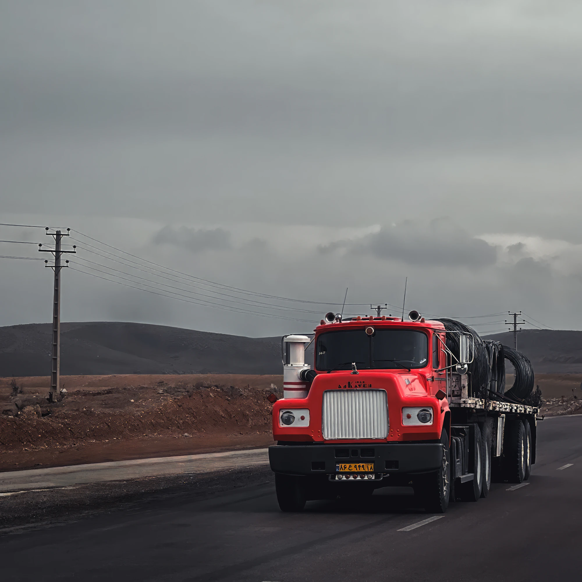 Red semi truck driving into the evening