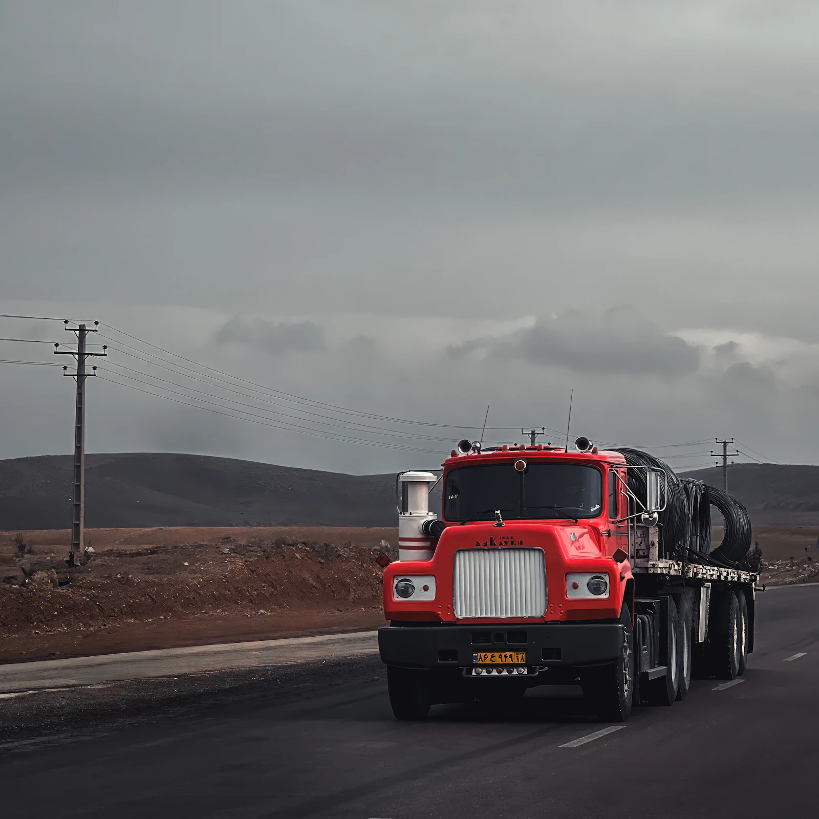Red semi truck driving down a road