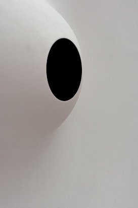 A minimalistic design with a large white semi-spherical dome featuring a single, featureless black oval shape in the center. The background is a plain, light grey color making the black shape stand out starkly against the otherwise neutral tones.