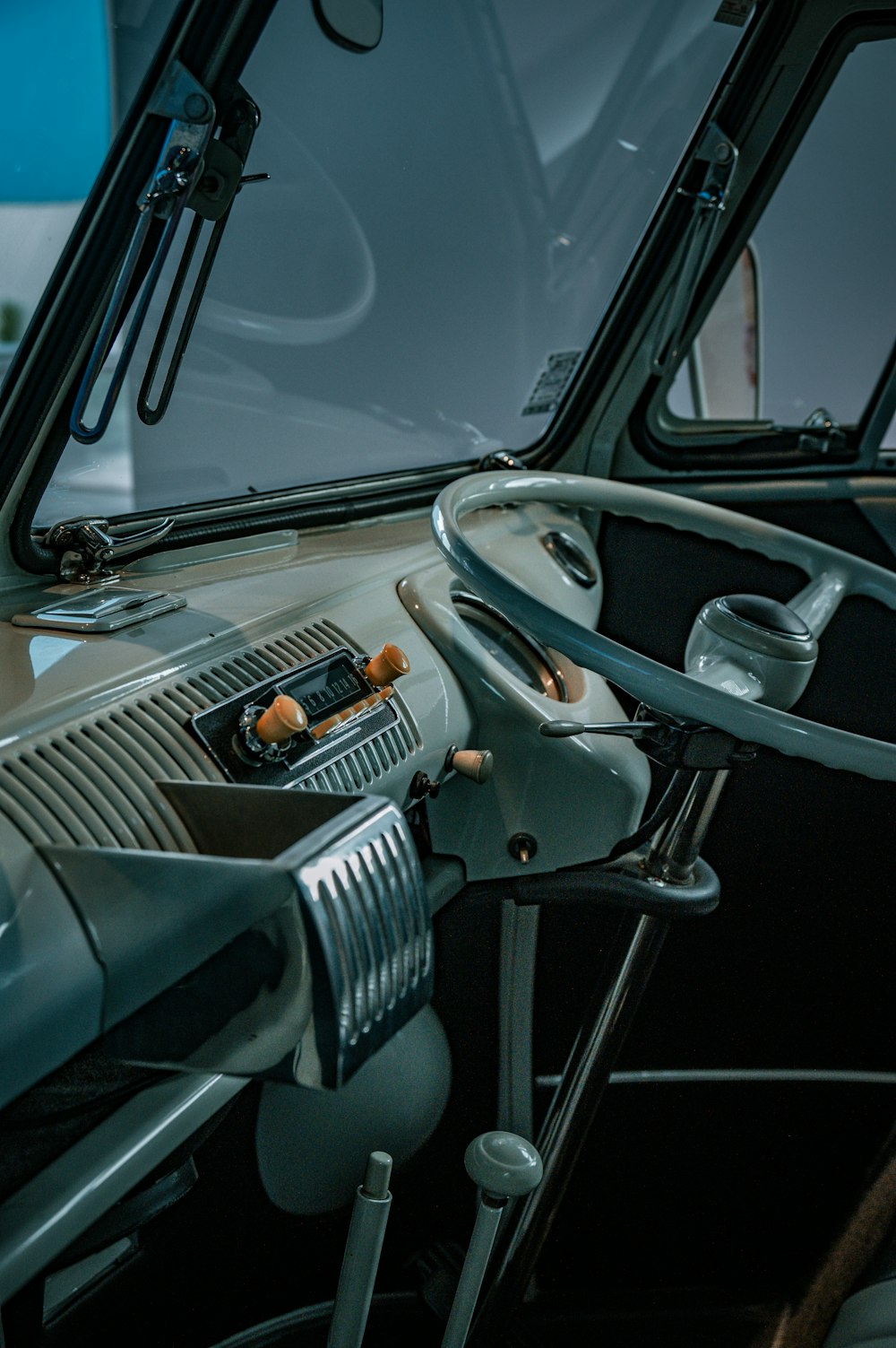 the interior of a bus with the door open