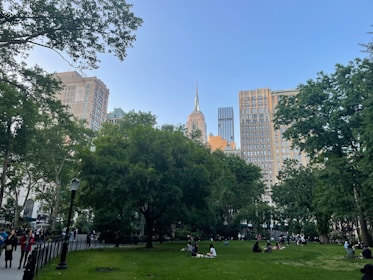 A city park surrounded by municipal buildings, blending nature and urban life.
