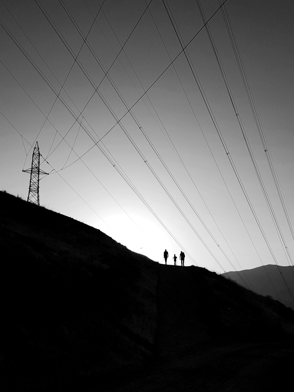 a couple of people standing on top of a hill under power lines