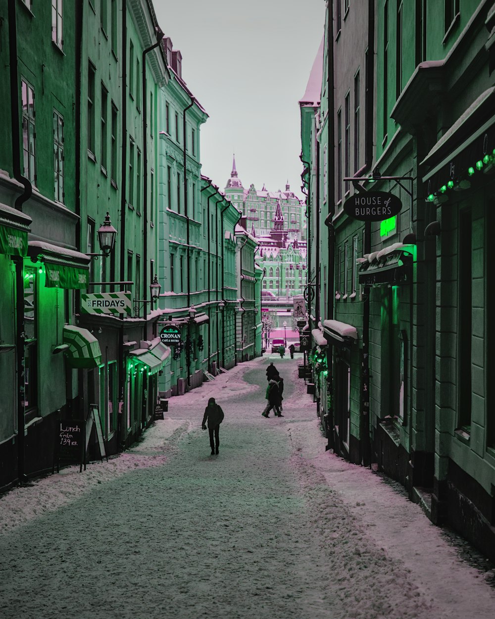 a couple of people walking down a snow covered street