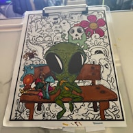 A colorful drawing features a green alien creature sitting on a wooden bench, surrounded by whimsical and abstract doodles. The alien has large black eyes and is holding an orange object. Brightly colored mushrooms and an octopus-like creature are in the foreground, while doodles of various creatures, a skeleton, and a smiling flower fill the background.