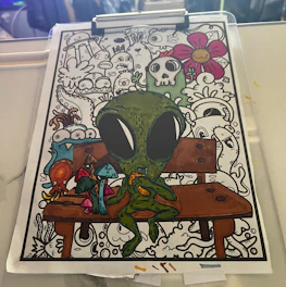 A whimsical illustration of a quirky alien spaceship in a colorful galaxy.