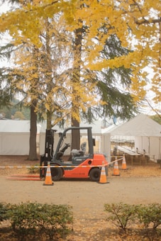 A forklift is parked on a dirt path surrounded by orange traffic cones. In the background, there are several white tents and tall trees with vibrant yellow foliage, indicative of autumn. The ground is covered with fallen leaves, adding to the autumnal atmosphere.