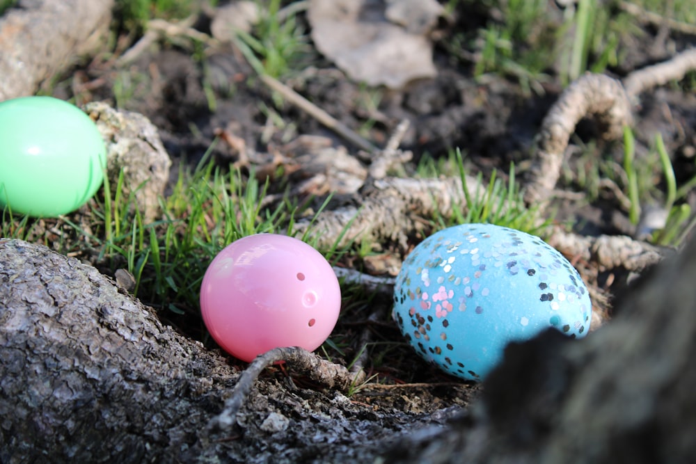 three colorful eggs are sitting on the ground