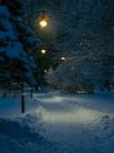 a snowy path with a street light in the distance
