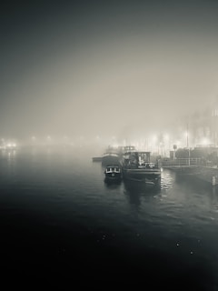 Thermal camera view showing patrol boats monitoring a foggy river border at night.